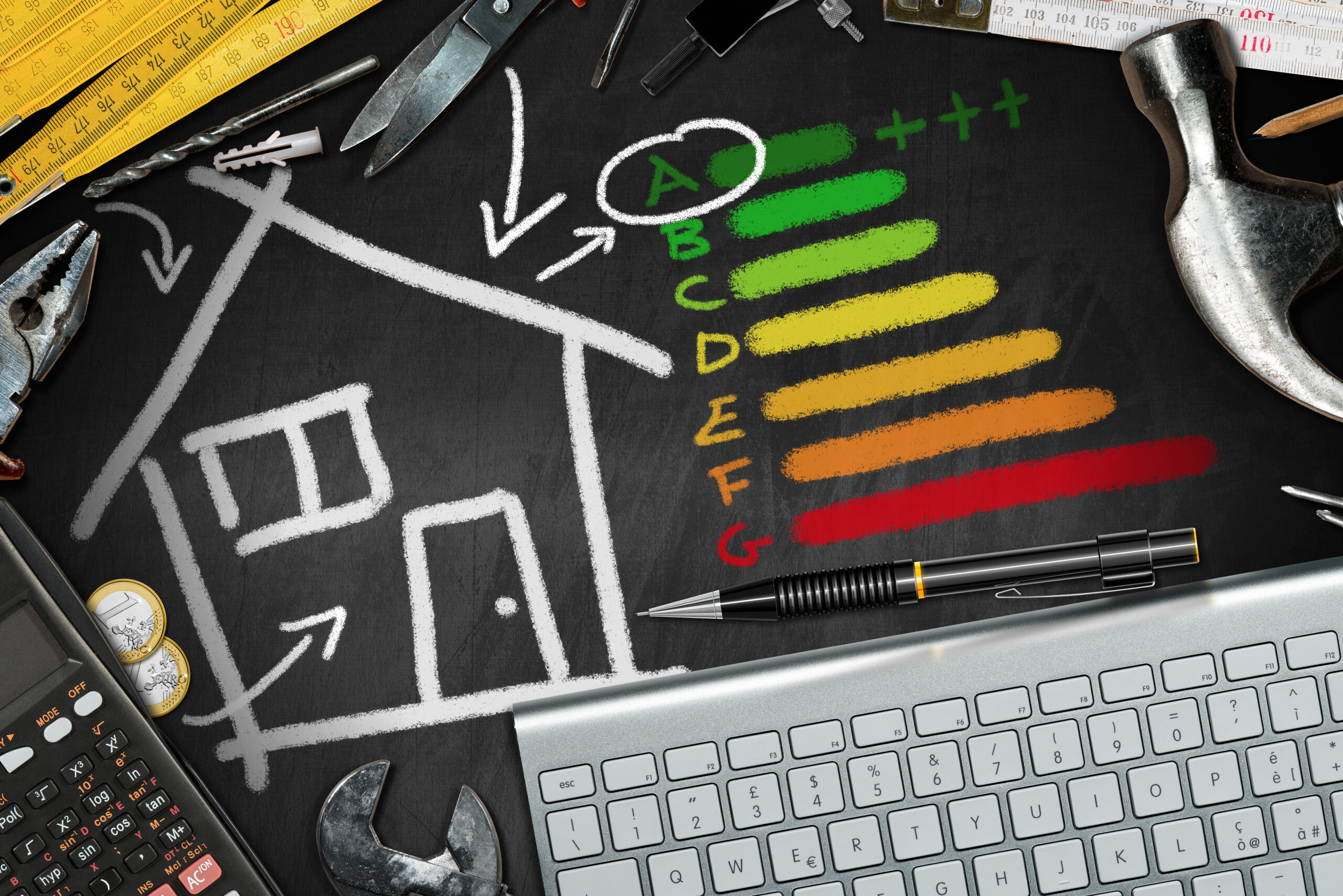 House Energy Efficiency Rating. Blackboard with chalk drawing, work tools, calculator and a computer keyboard. Project of ecological house